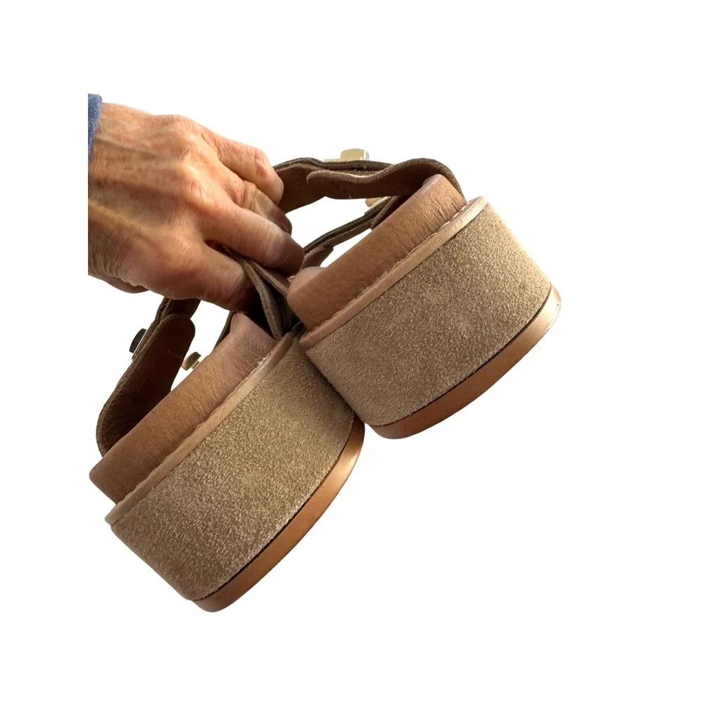 Steve Madden Bigschmona Taupe Suede Platform Slide Sandals Gold Hardware 8.5 - Picture 8 of 8